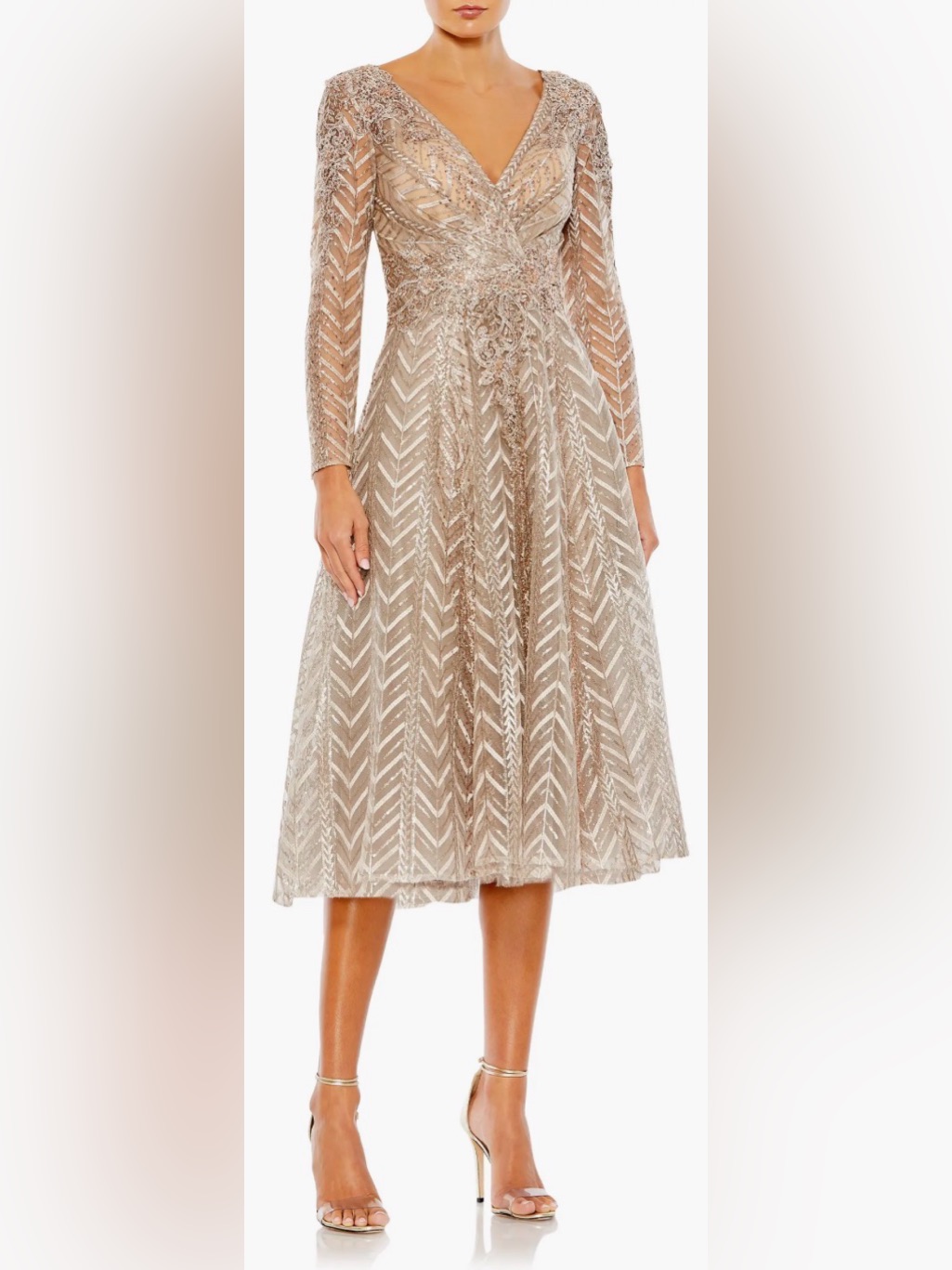 New Mac Duggal Taupe Embellished Long Sleeve Wrap Over Dress Sz 14